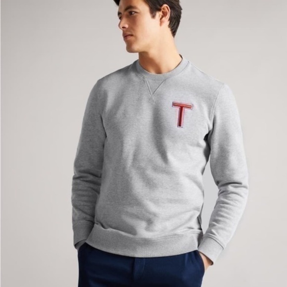 Ted Baker London Welloe Gray Long Sleeve Varsity 'T' Sweatshirt Size 7 NWT
